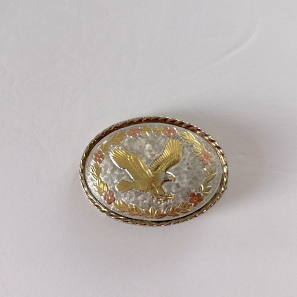 Vintage Tricolor Metal Silver Gold Rose Oval Eagle Belt Buckle Western Floral